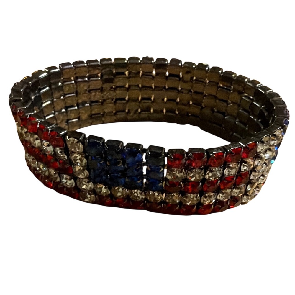 American Flag Rhinestone Stretch Bracelet Red White Blue Patriotic Bling 1957